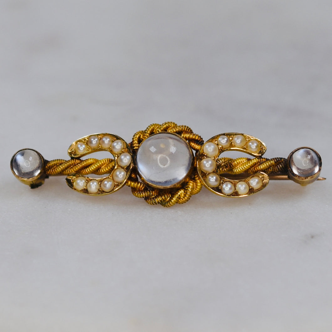 Victorian Moonstone and pearl brooch in 15k yellow gold