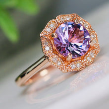 Load image into Gallery viewer, Amethyst and diamond halo ring in 14k rose gold