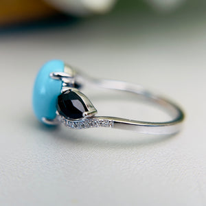 Turquoise, onyx, and diamond ring in 14k white gold