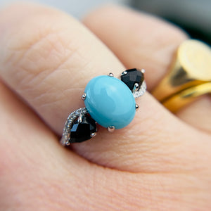 Turquoise, onyx, and diamond ring in 14k white gold