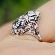 Load image into Gallery viewer, Detailed OMC diamond and sapphire plaque ring in 14k white gold