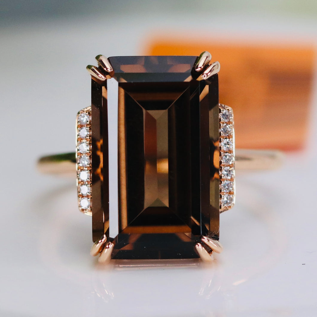 Smokey quartz and diamond ring in 14k rose gold by Effy