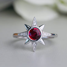 Load image into Gallery viewer, Ruby and diamond compass star ring in 14k white gold