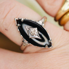 Load image into Gallery viewer, Vintage onyx and diamond navette ring in white gold