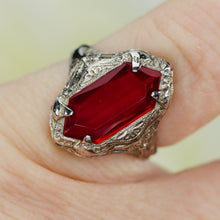 Load image into Gallery viewer, Vintage lab Ruby ring in 14k white gold filigree