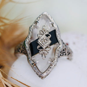 Vintage onyx and rock crystal ring in 14k white gold