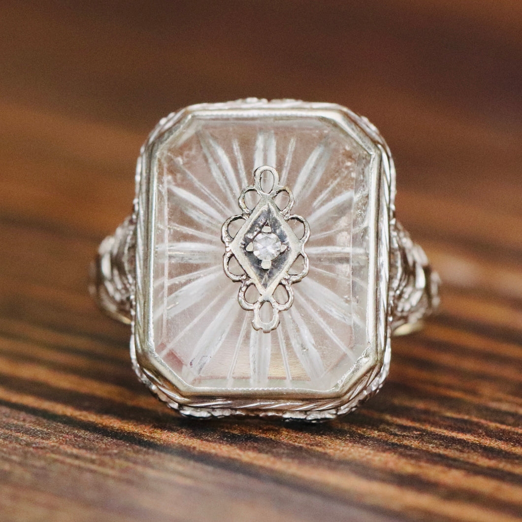 Vintage rock crystal and diamond ring in 14k white gold from Manor Jewels