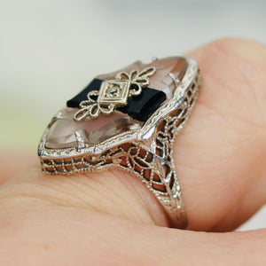 Vintage onyx, rock crystal and diamond ring in white gold