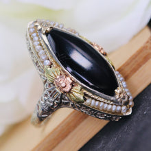 Load image into Gallery viewer, Huge Vintage onyx navette and pearl ring in 14k white gold