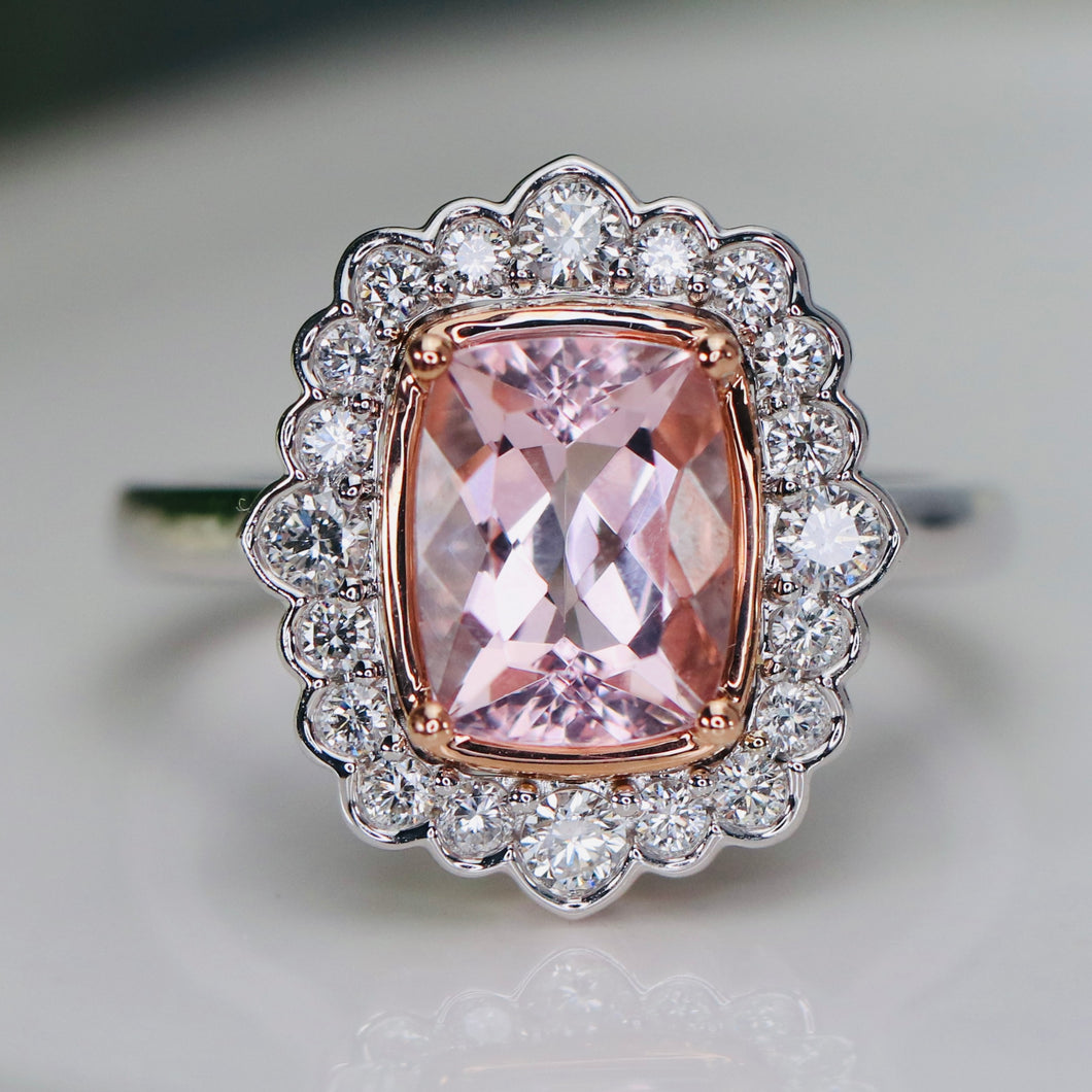 Morganite and diamond ring in 14k white gold