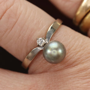 Pearl and diamond chevron ring in 14k white gold