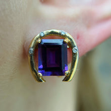 Load image into Gallery viewer, Amethyst and Diamond horseshoe earrings in 14k yellow gold