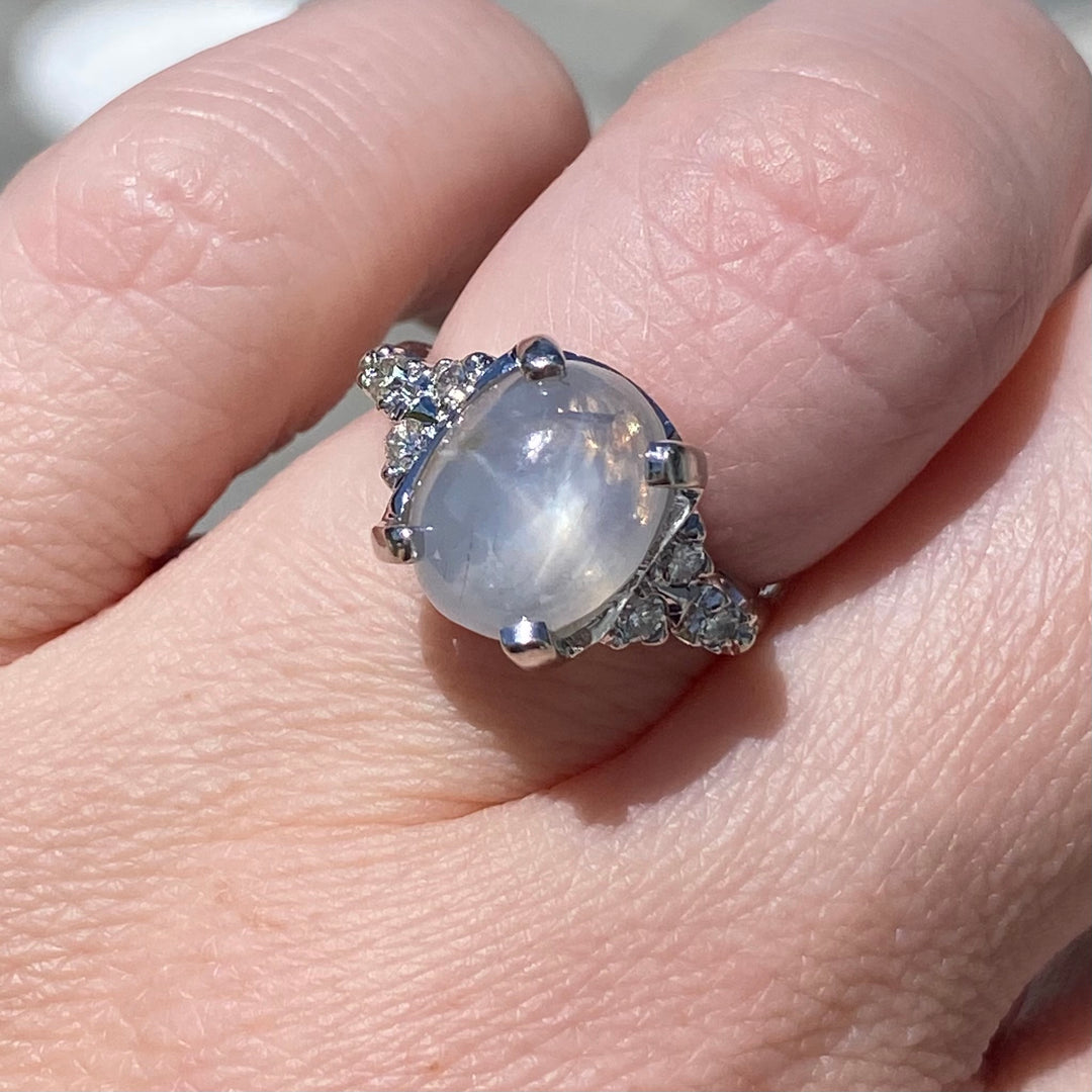 Vintage star sapphire and diamond  ring in 14k white gold from Manor Jewels