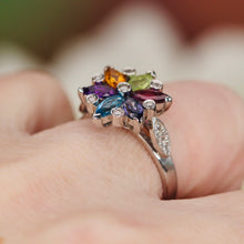 Load image into Gallery viewer, Rainbow garnet, citrine, amethyst, iolite, peridot, topaz, and diamond ring in 18k white gold