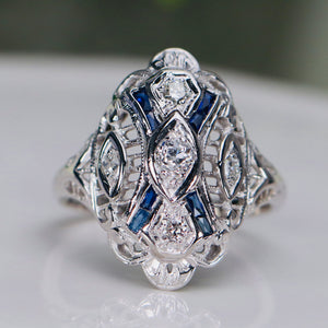 Vintage diamond and synthetic sapphire ring in 14k white gold from Manor Jewels