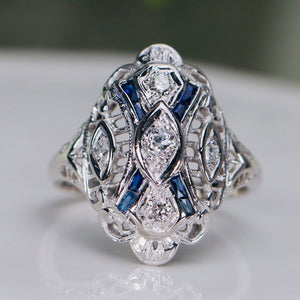 Detailed OMC diamond and sapphire plaque ring in 14k white gold