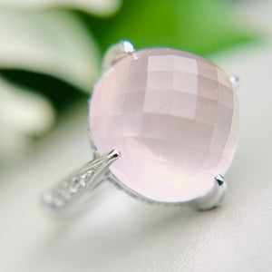 Checkerboard dome rose quartz and diamond ring in 18k white gold