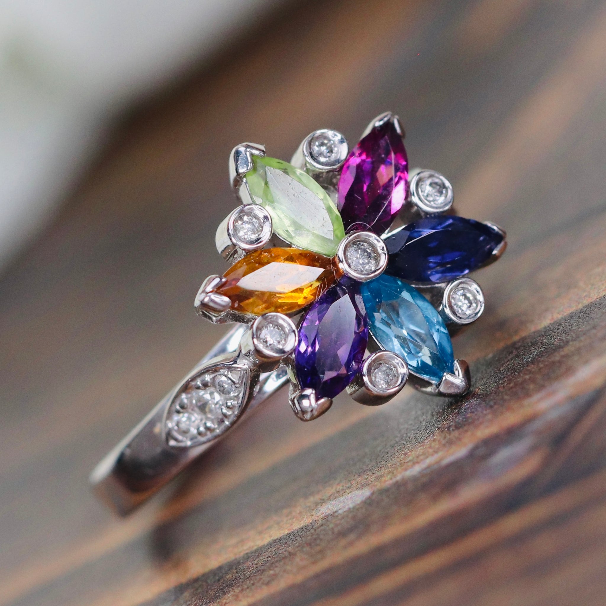 Rainbow multi gemstone ring in 18k white gold Manor Jewels