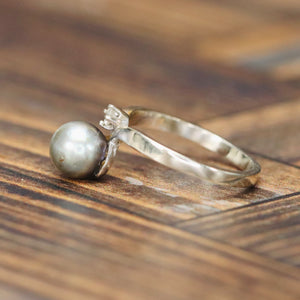 Pearl and diamond chevron ring in 14k white gold