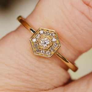 Hexagonal diamond ring in 14k yellow gold