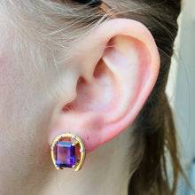 Load image into Gallery viewer, Amethyst and Diamond horseshoe earrings in 14k yellow gold