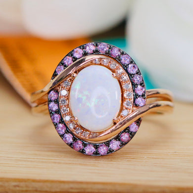 Opal, purple sapphire, and diamond ring in 14k rose gold by Effy