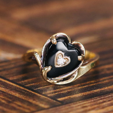 Vintage Heart shaped onyx and diamond ring in yellow gold