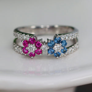 Estate Sapphire, ruby, and diamond ring in 18k white gold