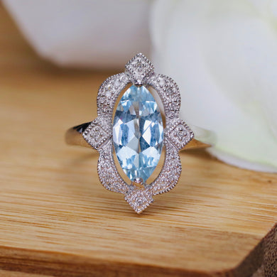 Long and lean Aquamarine and Diamond 14k white Gold Ring