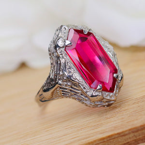 Vintage lab Ruby ring in 14k white gold filigree