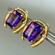 Load image into Gallery viewer, Amethyst and Diamond horseshoe earrings in 14k yellow gold