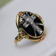 Load image into Gallery viewer, Unusual diamond cross oval onyx ring in yellow gold