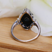 Load image into Gallery viewer, Vintage onyx and diamond navette ring in white gold