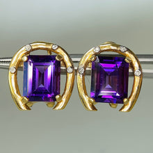 Load image into Gallery viewer, Amethyst and Diamond horseshoe earrings in 14k yellow gold