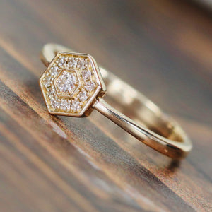 Hexagonal diamond ring in 14k yellow gold
