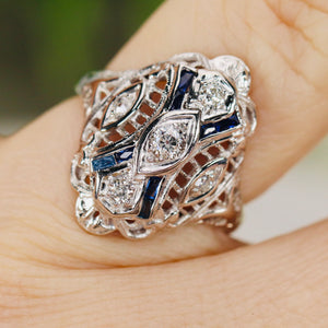 Detailed OMC diamond and sapphire plaque ring in 14k white gold