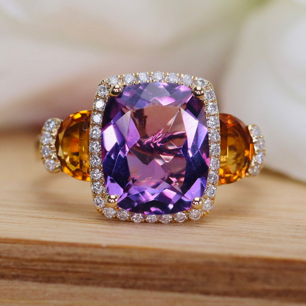 Citrine, amethyst, and diamond ring in 14k yellow gold by Effy