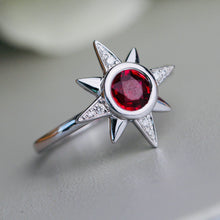 Load image into Gallery viewer, Ruby and diamond compass star ring in 14k white gold