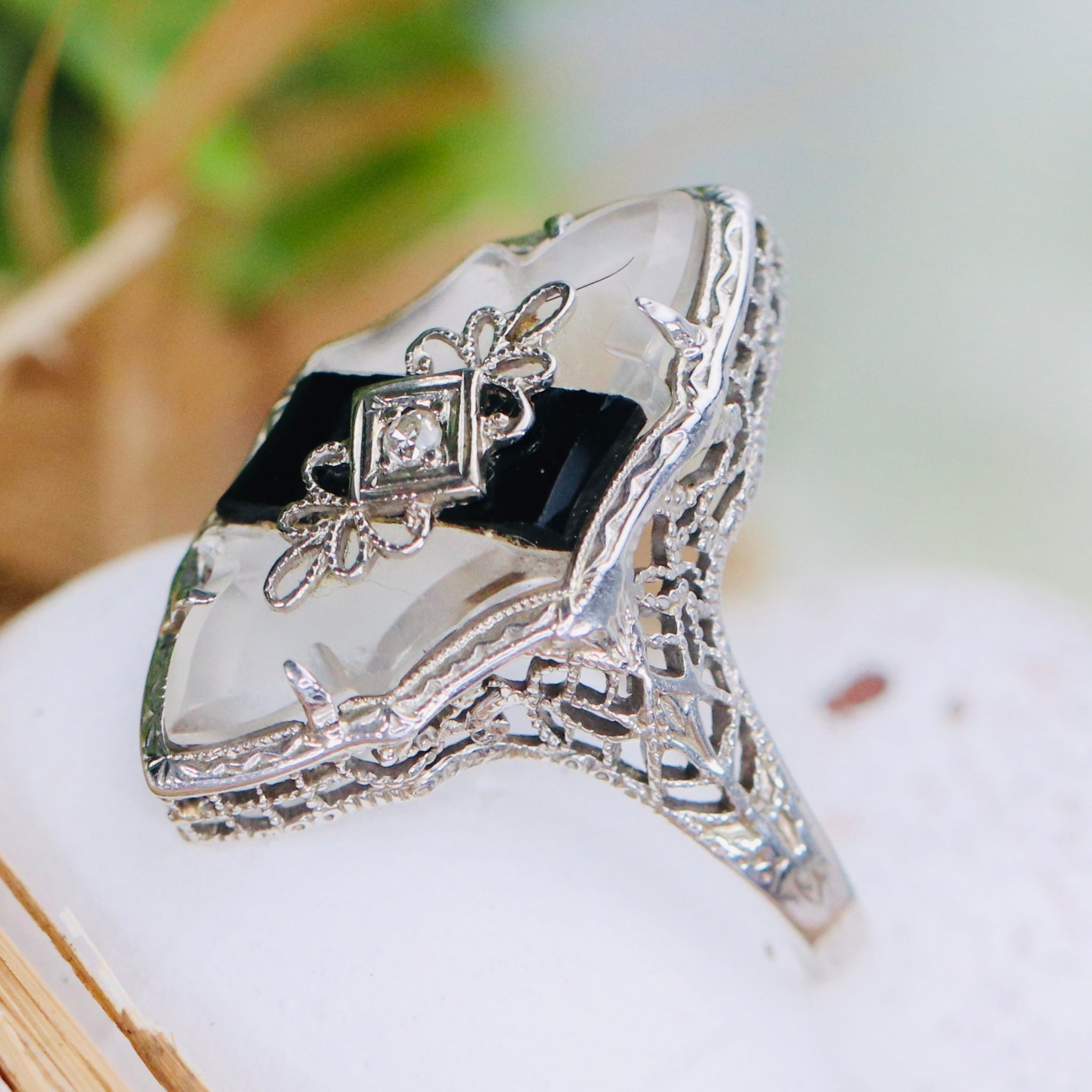 Antique Art Deco 14k White Gold Onyx and Diamond Ring