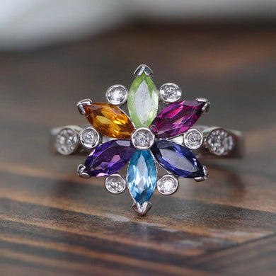 Rainbow multi gemstone ring in 18k white gold