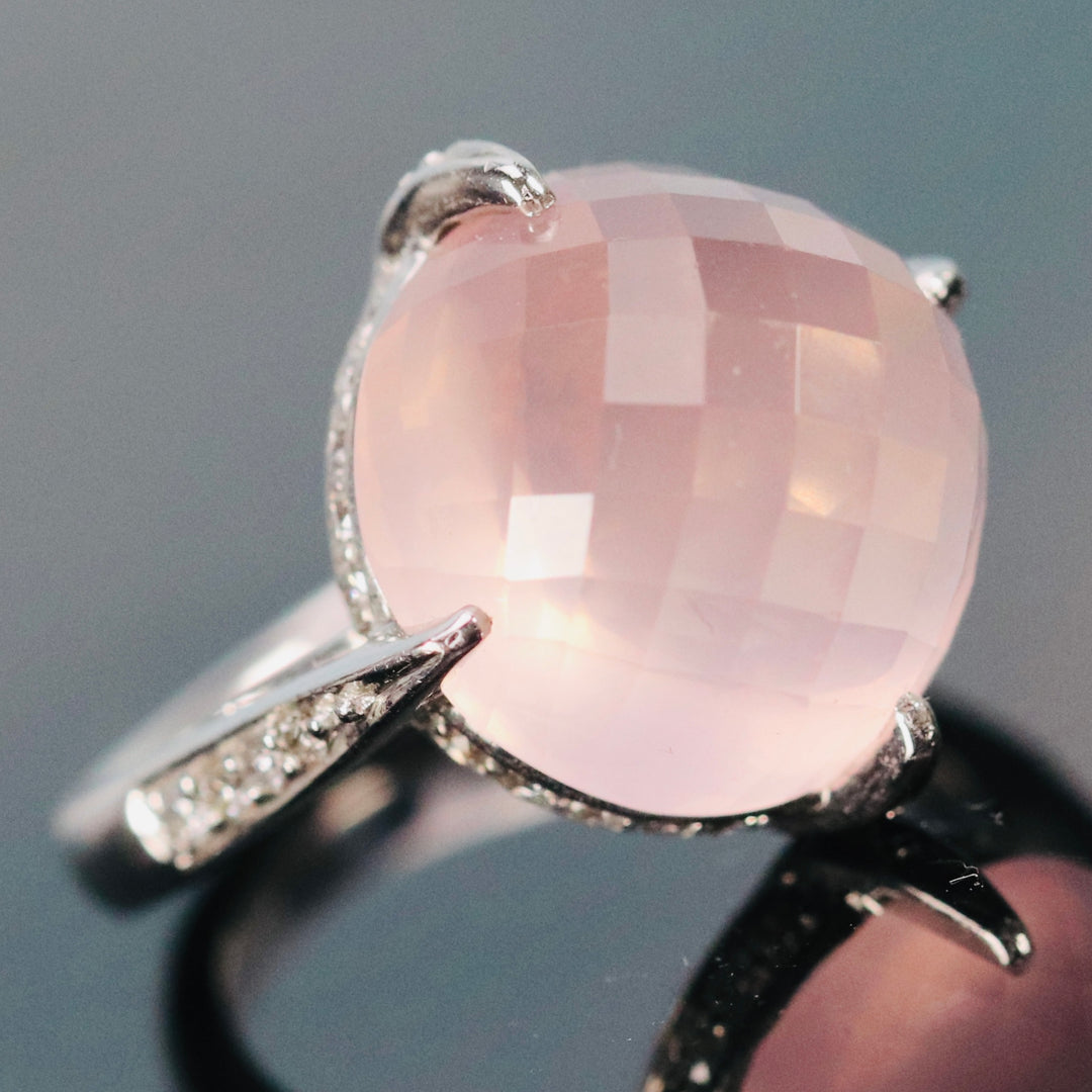 CLEARANCE!  Checkerboard dome rose quartz and diamond ring in 18k white gold