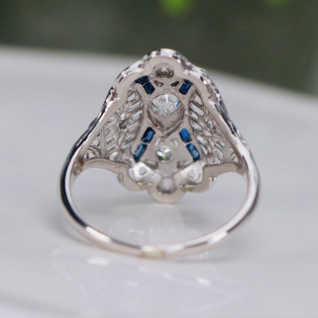 Vintage diamond and synthetic sapphire ring in 14k white gold from Manor Jewels