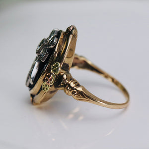 Unusual diamond cross oval onyx ring in yellow gold
