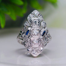 Load image into Gallery viewer, Large transitional cut diamond and sapphire plaque ring in 18k white gold