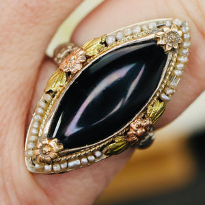 Huge Vintage onyx navette and pearl ring in 14k white gold