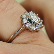 Load image into Gallery viewer, Vintage Emerald cut diamond cluster ring in platinum