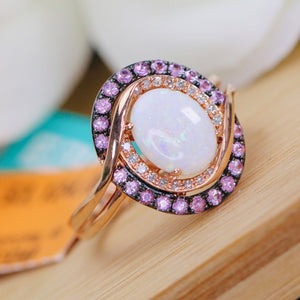 Opal, purple sapphire, and diamond ring in 14k rose gold by Effy