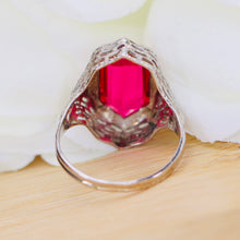 Load image into Gallery viewer, Vintage lab Ruby ring in 14k white gold filigree
