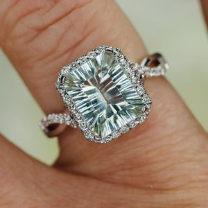 Concave cut prasiolite and diamond ring in 14k white gold