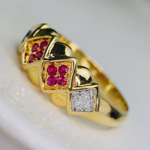 Wide band ring with ruby, and diamond in 18k yellow gold
